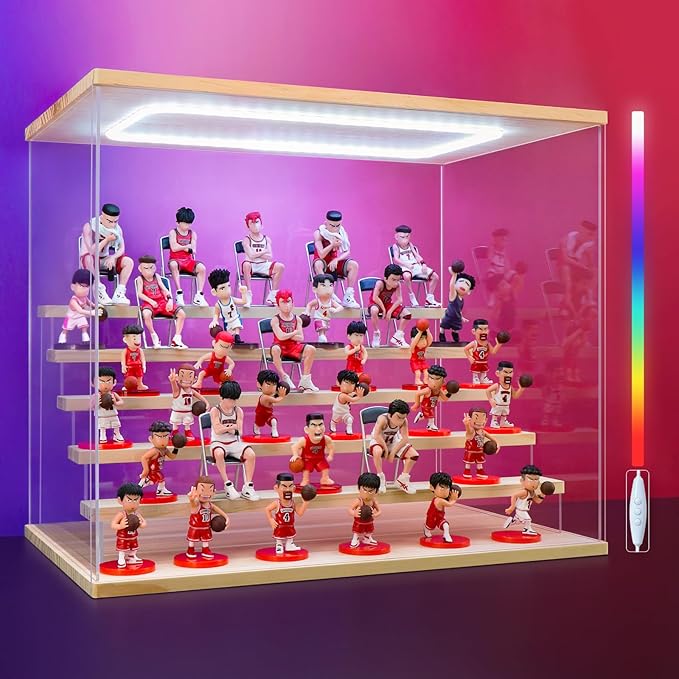 6 Tier Acrylic Display Case with LED Lights, Large Wooden Base Dustproof Showcase for Collectibles, Clear Protection Box for Action Figures, White (19.7" x 12.6" x 16.5")