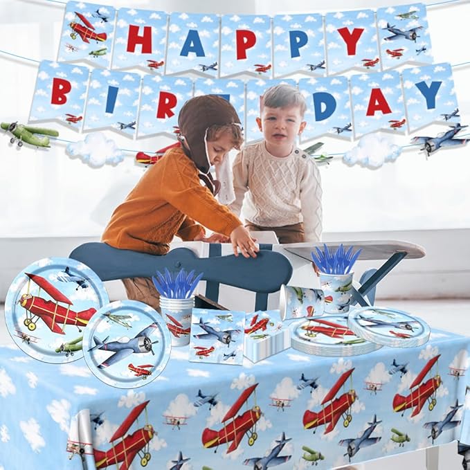 142pcs Airplane Birthday Party Decorations Airplane Party Tableware Supplies Airplane Blue Sky White Disposable Plates,Tablecloth,Napkins,Cups,Banner Forks and Knives For Kids Favors Serve 20 Guests