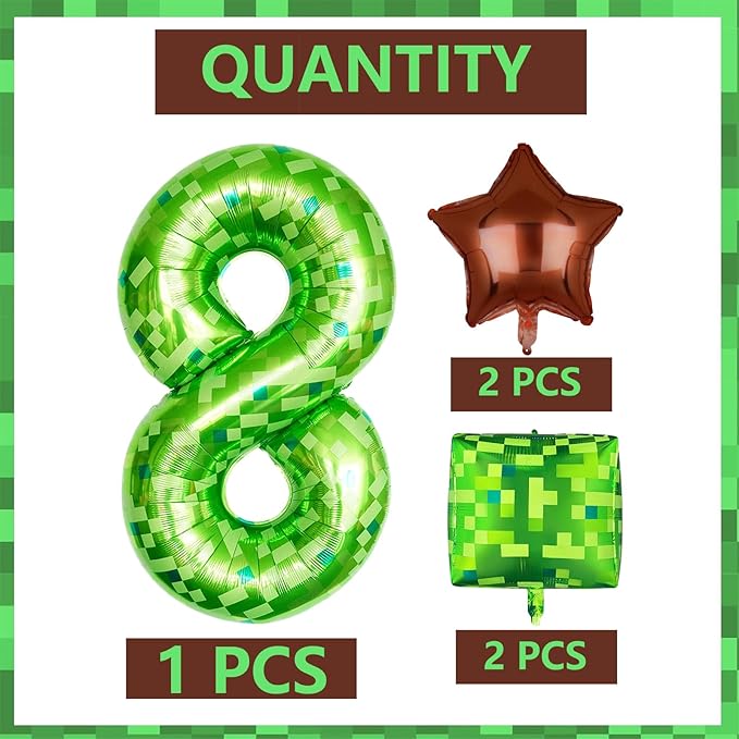 5Pcs Green Pixel Miner Number 8 Foil Balloon Set 40 Inch Large Mylar Mining Theme 8th Number Balloons Pixel Cubes Boxes Video Game Birthday Party Decorations