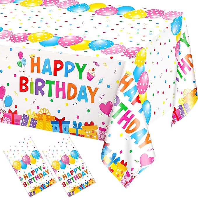 WNINK 2 Pack Happy Birthday Plastic Tablecloths, 54×108 Inch Disposable Waterproof Birthday Party Table Covers, Colorful Polka Dot Rectangle Tablecloths for Kids Boys Girls Birthday Decorations