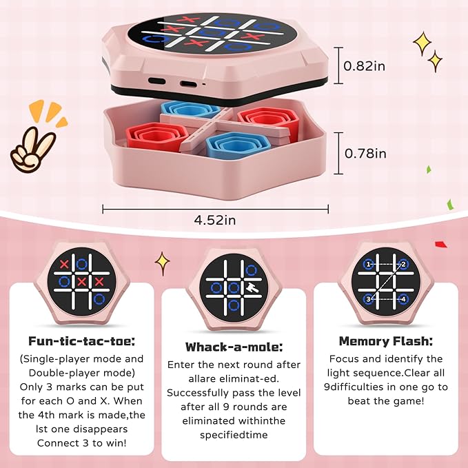Tic Tac Toe Bolt Game,5-in-1 Handheld Puzzle Games Console,Electronic Tic Tac Toe Game for Educational&Memory,Portable Travel Games for Car Ride with Silent Mode,Toys Gift Idea for Kids & Family-Pink
