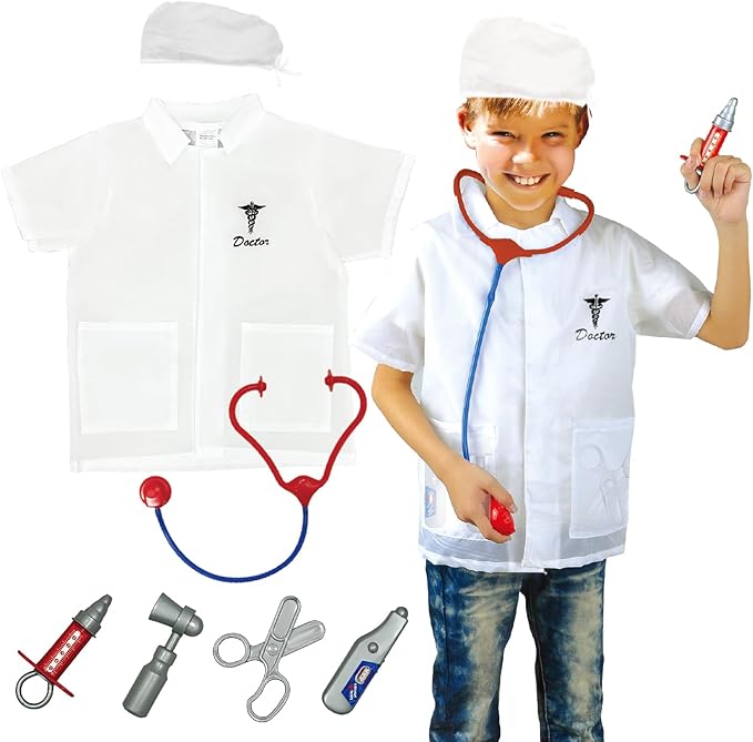 4 Sets Dress Up Clothes for Kids, Pretend Dress Up Trunk of Firefighter costume/Doctor/Policeman/Construction Worker Role Play Set with Realistic Accessories