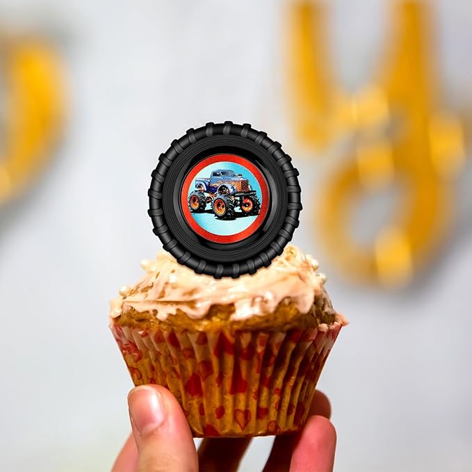 Chuangdi 48 Pieces Truck Cupcake Rings Monster Truck Cupcake Toppers Rings Colorful Car Monster Trucks Birthday Cake Decorations for Race Car Party Supplies 4 Styles