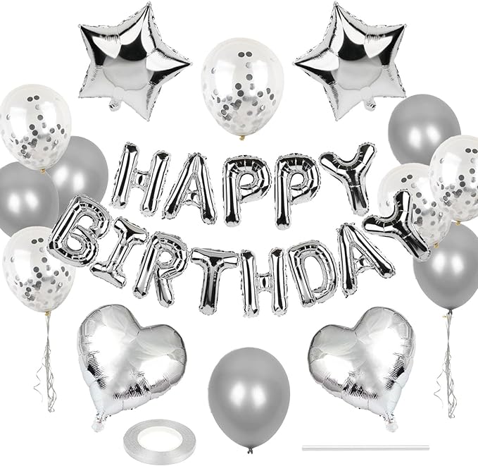 27 Pcs Silver Birthday Decorations, 3D Foil Silver Happy Birthday Balloon Banner, Pentagram Heart Foil Balloons Confetti Balloons Kit For Boys Girls Birthday Party Supplies
