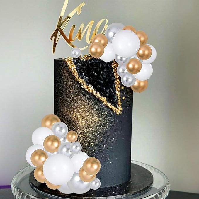 Gyufise 30Pcs Balls Cake Topper Foam Ball Cake Picks Mini Balloon DIY Cake Insert Topper Decoration for Baby Shower Wedding Anniversary Kids Birthday Party Cake Decorations Gold Silver White