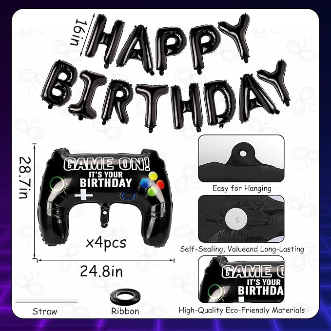 Black Happy Birthday Balloons, 29" Huge Video Game Controller Aluminum Foil Balloon Banner for Boys Birthday Gaming Party Decorations Supplies
