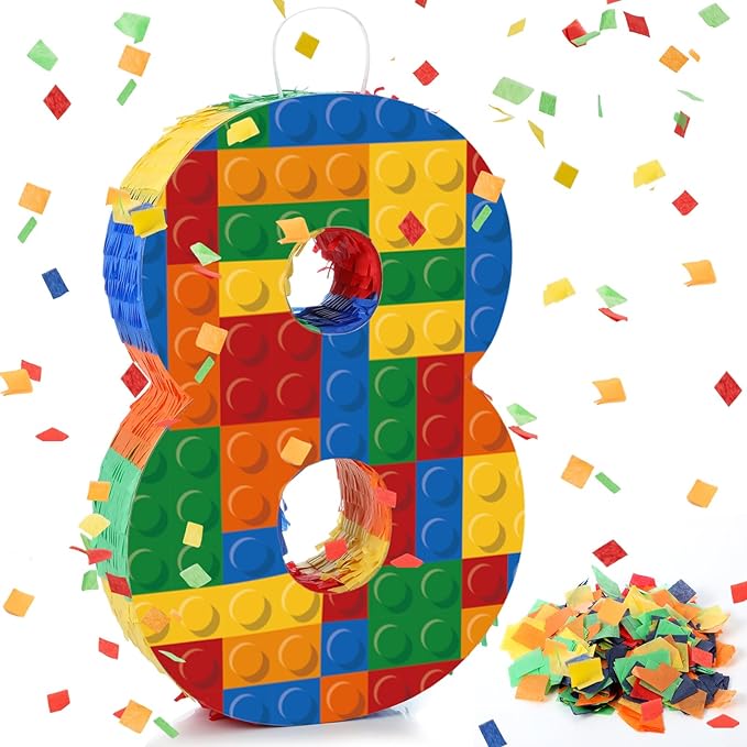 Number 8 Building Blocks Piñata 16.5 Inch Party Supplies 8th Birthday Party Decorations Piñata with Confetti Blocks Theme Fiesta Anniversary Celebration