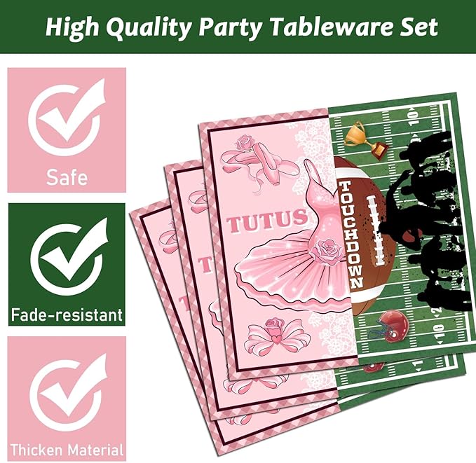 96 Pcs Ballet or Football Gender Reveal Plates and Napkins Party Supplies Tutus or Touchdowns Gender Reveal Tableware Football Party Decorations Favors for Boy or Girl Birthday Baby Shower Serves 24