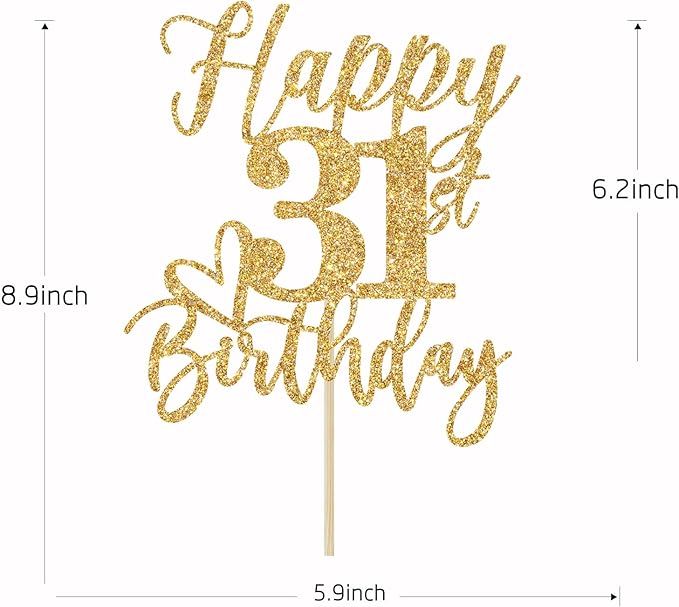 Gold Glitter Happy Birthday Cake Topper, Funny 31st Birthday Party Supplies