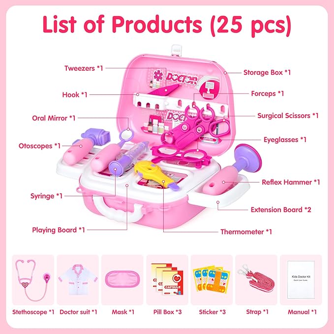 Doctor Costume for Kids - Dr Medical Pretend Play Toys Set for Girls - Doctors Kit for Toddlers 3-5 - Nurse Sets for Girl 22Pcs - Doctors Playset for Toddler Ages 3 4 5 6 Year Old