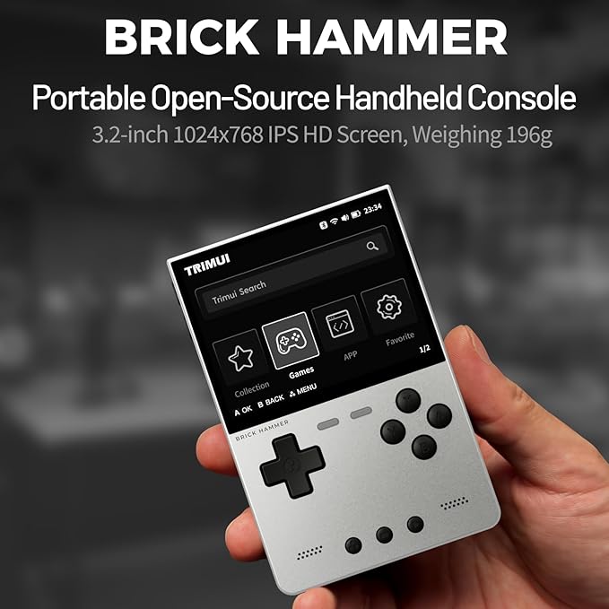 TRIMUI Brick Hammer Retro Handheld Game Console – Metal CNC Aluminum Alloy Body, 3.2" IPS Screen, 8GB Storage, Expandable to 1TB, Built-in 3000mAh Battery (Silver-No Card)