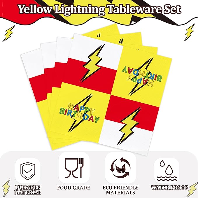 40PCS Red Yellow Birthday Party Plates and Napkins for Kids Cartoon Game Themed First Birthday Party Decorations Lightning Paper Plates Cartoon Animated Supplies Tableware Set 20 Guests