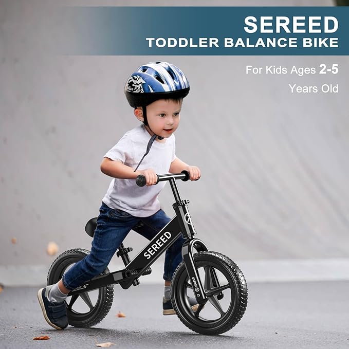SEREED Toddler Balance Bike 2 Year Old, No Pedal Kids Toy Bike for 2-5 Years Old, Tool-Free Adjustment, Gift for 2-3 Girls, Customize Plate with 3pcs Stickers (Black)