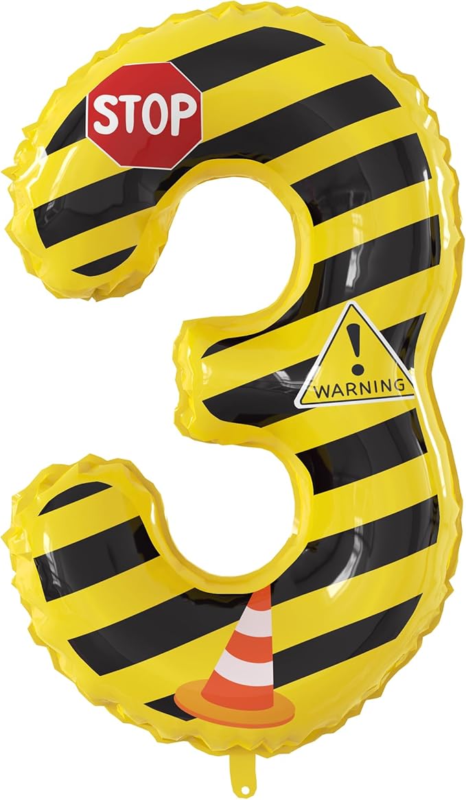 40 Inch Giant Construction Theme Number Balloons - Large Number 3 Balloons Yellow and Black Striped for Kids' Construction Birthday Anniversary Party Decorations Supplies Number 2-4 Balloon