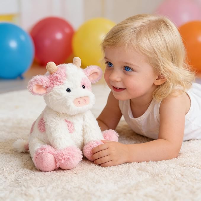 Hopearl Adorable Plush Cow Toy Floppy Dairy Cattle Soft Stuffed Animal Cute Birthday Gifts for Boys Girls Kids Toddlers, Pink, 9''