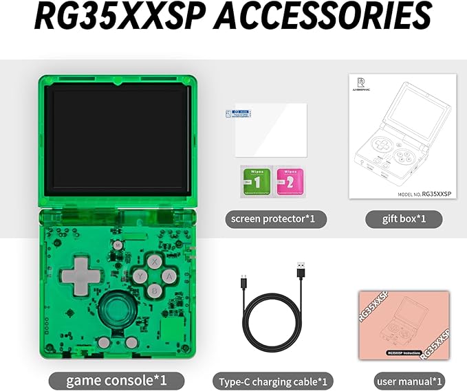 RG35XXSP FILP Retro Handheld Game Console 3.5-inch 640*480 IPS Screen 3300mAh Built-in 64G TF Card Supports Multiple Simulators Linux System with Screen Protector Green