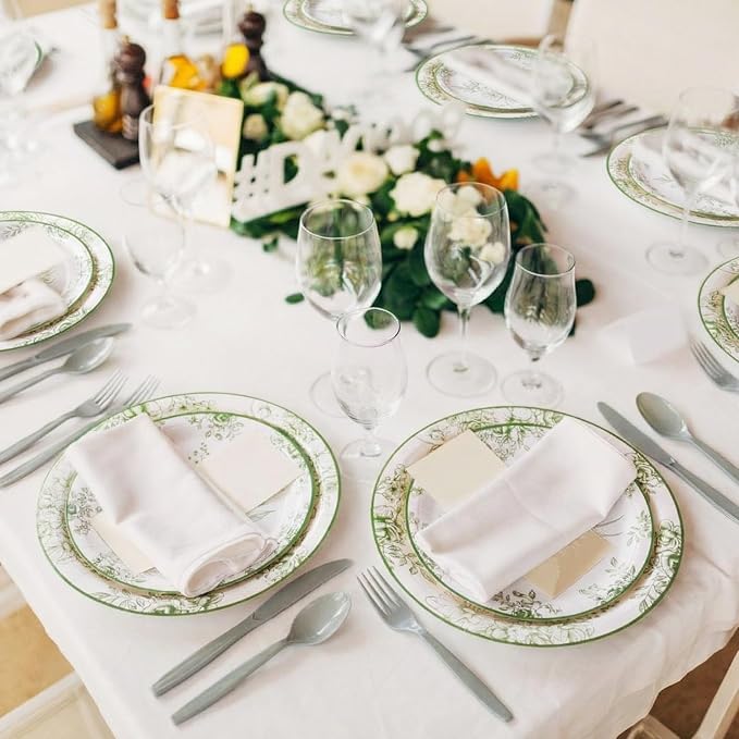 350 Pcs Tea Party Supplies Spring Summer Party Tableware Set Disposable Plates Napkins Paper Cups Plastic Cutlery Set for Birthday Bridal Baby Shower Serves 50 (Green Floral)