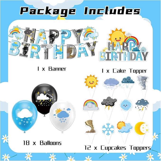 Weather Birthday Party Decorations Set, Weather Forecast Party Supplies Weather Banner Cake Topper Cupcake Toppers Balloons for Tornado Rainbow Clouds Sun Snow Moon Star Party Decorations