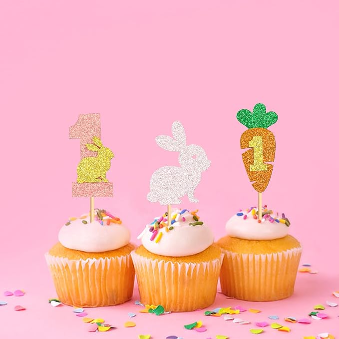 Ercadio 24Pcs Easter Bunny One Cupcake Toppers Glitter Rabbit Carrot One Cupcake Picks for Easter 1st Birthday Party Easter Baby Shower Rabbit Boys Girls First Birthday Cupcake Decorations