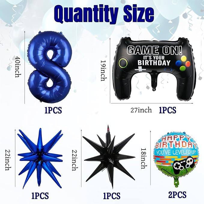 13pcs Boys Birthday Party Decorations - Navy Blue Video Game Controller Mylar Foil Balloon & Supplies