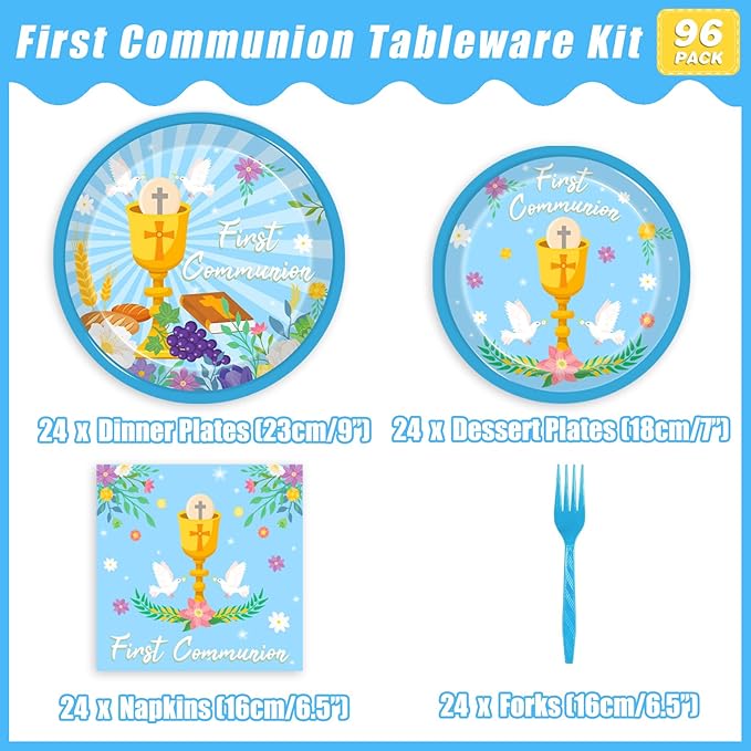 96 Pcs Blue Baptism Plates and Napkins, First Holy Communion Party Decorations Supplies for Boys God Bless Christening Celebration Party Baby Shower Disposable Paper Dinnerware, Serves 24