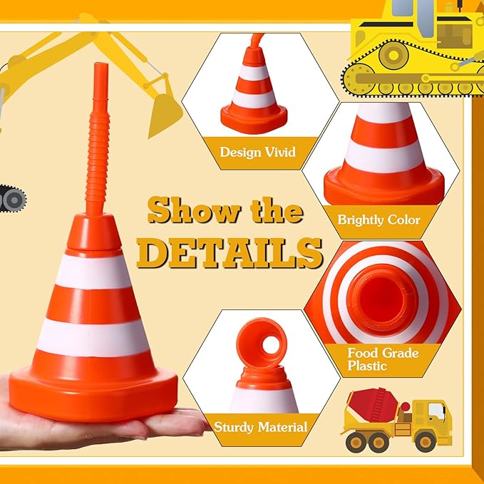 Sawysine 8 Pack Construction Cone Cups with Straws Bulk, Traffic Cones Party Favor 10 oz Plastic Reusable Kids Race Cups Set for Construction Traffic Theme Racing Car Birthday Party Supplies