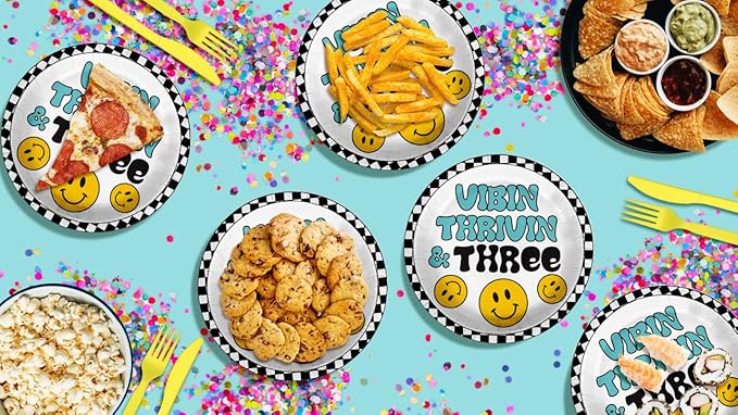 Vibin Thrivin' and Three Smiley Face Third Birthday - 32 Piece Disposable Party Supplies - Decorations for Boy's 3rd Birthday Round Party Plates - Large 9" Paper Plates In Bulk
