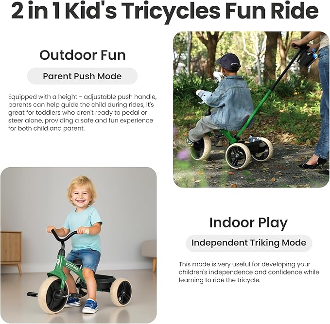 Toddler Tricycles for 2 to 6 Year olds-2 in 1 Kid's Trikes Bike with Push Handles Adjustable & Removable, Push Bike with Toy Storage Basket for Boys & Girls Tricycle Gift (Green)