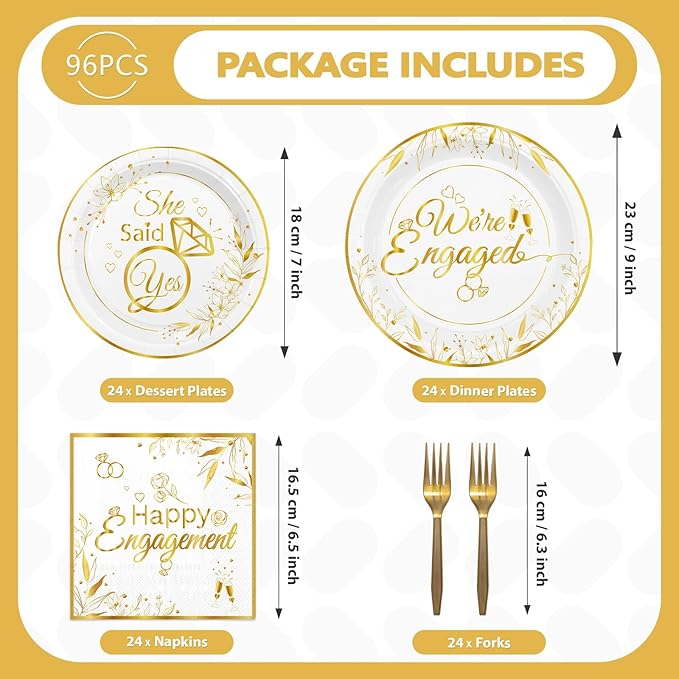 Grencian 96Pcs Happy Engagement Party Supplies White Gold Diamond Ring Plates Napkins She Said Yes Party Disposable Dinnerware for Wedding Bridal Shower Just Engaged Decoration Serve 24