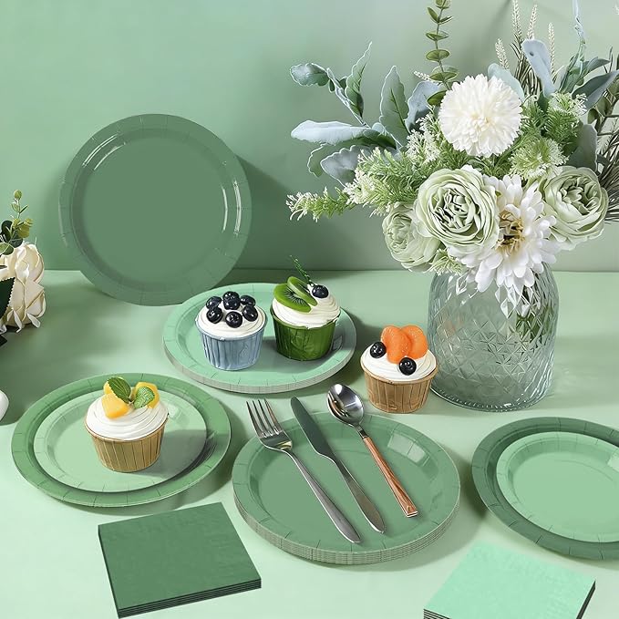 180pcs Sage Green Paper Plates and Napkins Set,Sage Green Baby Shower Decorations,for Birthday Wedding Bridal Baby Shower Party Supplies, Serve 60