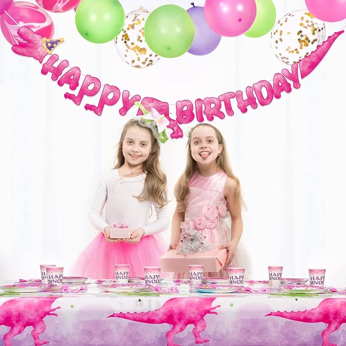 WERNNSAI Pink Dinosaur Birthday Decorations - 64 PCS Dinosaur Plates Napkins Cups Girl Dino Party Decorations Dino Paper Plates for Kids Girls Birthday Baby Shower Serves 16 Guests