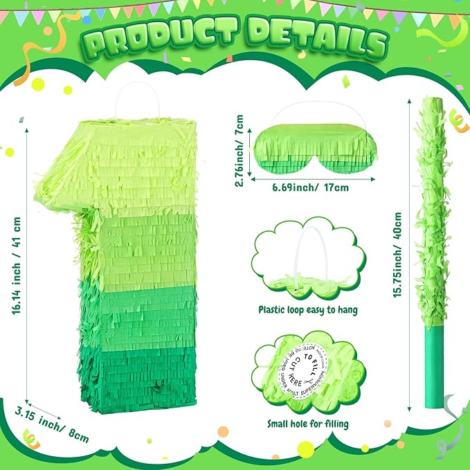 Number Piñata Decorations 16 Inch Gradient Green Piñata with Blindfold Stick and Confetti for Birthday Baby Shower Safari Jungle Themed Party Supplies Centerpiece(Number 1)