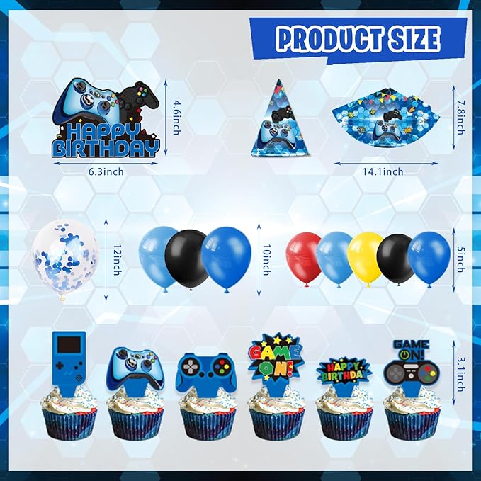 Video Game Birthday Party Decorations, 179Pcs Gamer Gaming Birthday Party Supplies Decor with Backdrop, Sticker, Balloons, Cake Toppers, Tablecloth, Centerpieces, Hanging Swirls, Wall Signs