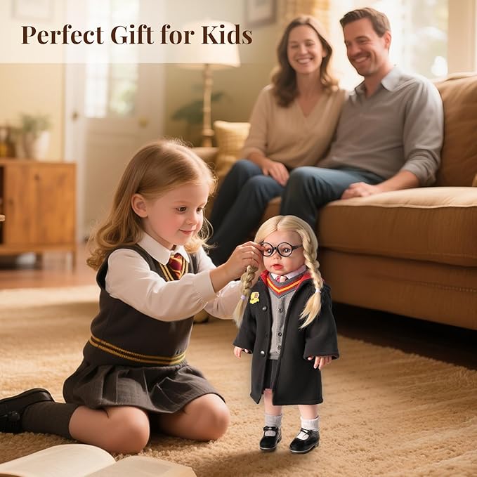BABESIDE 9PCS Reborn Baby Doll Clothes for 18 Inch Dolls, Doll Outfit Accessories with Robe, Glasses, Tie, Skirt & Shoes fit Baby Dolls, Pretend Play for Girls