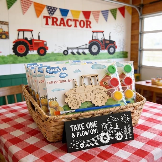 12 Pack Pre-Packaged Tractor Party Favors, Wooden Tractor Cutouts with Magnets & Painting Kits for Kids, Farm Theme Birthday Decorations & Thank You Gifts for Guests