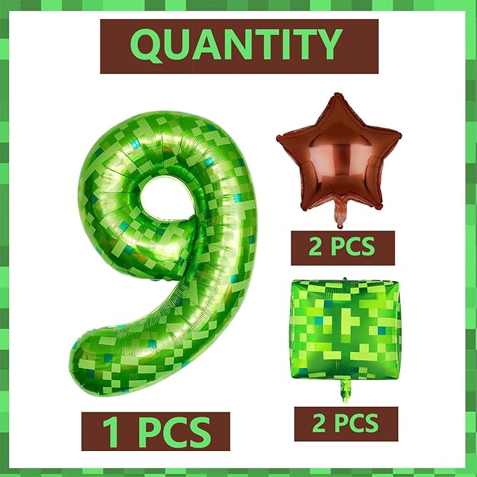 5Pcs Green Pixel Miner Number 9 Foil Balloon Set 40 Inch Large Mylar Mining Theme 9th Number Balloons Pixel Cubes Boxes Video Game Birthday Party Decorations