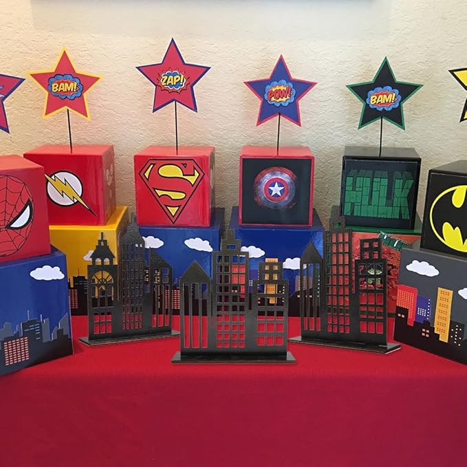 6 Pcs Super Hero Party Decorations, 2 Style Wooden Hero Theme Skyscrapers Table Decorations, City Skyline Buildings Centerpiece Sign Decor for Hero Theme Comic Birthday Party Supplies
