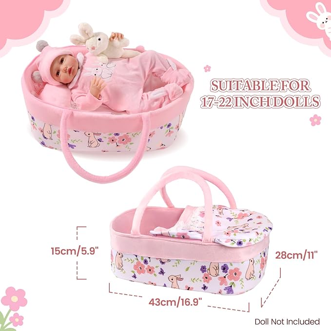 BABESIDE 8 Pcs Reborn Baby Doll Clothes with Bassinet for 17-22 Inch Baby Dolls, Baby Dolls Clothes Doll Accessories Set with Bunny Toy for Realistic Baby Dolls Girl (Not Doll)