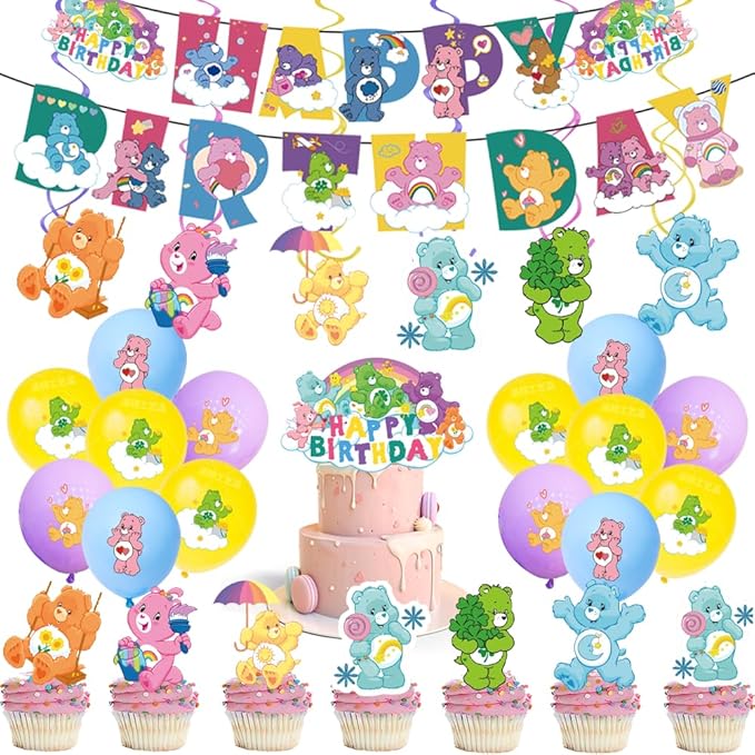25pcs Care Cute Bear Birthday Party Supplies, Cake Toppers, Party Decorations for Boys & Girls