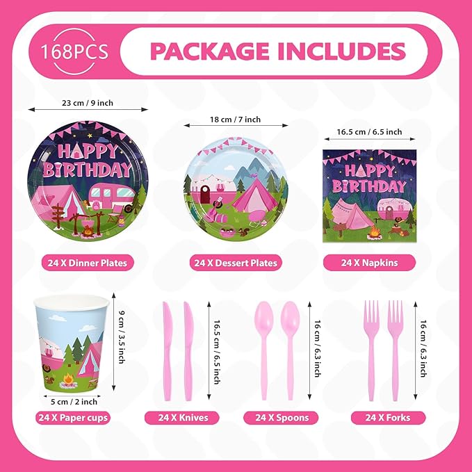 168Pcs Camping Birthday Party Decorations Hot Pink Camper Theme Plates Napkins Cups Forks Knives Spoons Campsite Campfire Tableware for Spring Summer Girls Camp Birthday Supplies Serves 24