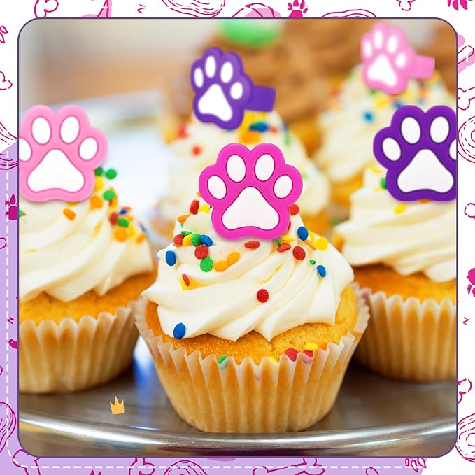 48 Pcs Paw Dog Cupcake Rings Toppers Decorations Orange Blue Red Yellow Paw Dog Theme Birthday Cupcake Rings Decorations for Puppy Baby Shower Party Supplies(Pink, Purple)