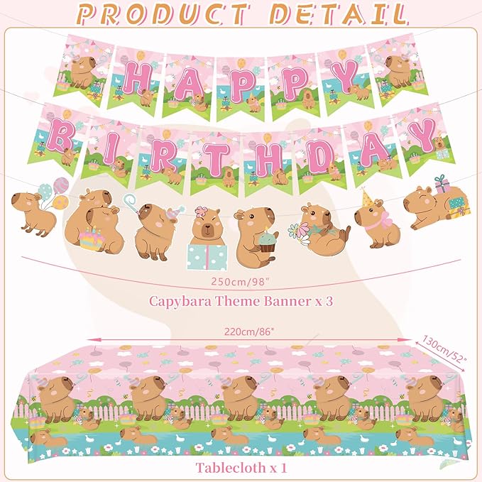 Pink Capybara Birthday Party Decorations - Capybara Party Supplies including Banner, Plate, Cake Topper, Cup, Napkin, Balloon, Tablecloth - Serves 20
