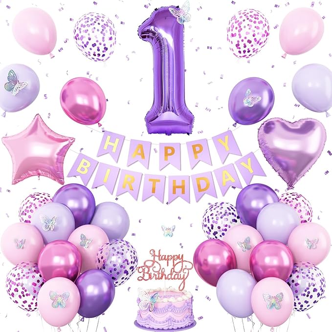 1st Birthday Decoration for Girls,Pink Purple 1st Birthday Balloon Number 1 Balloon with Butterfly Stickers Star Heart Foil Balloons Banner for Baby 1 Year Old Party Decor