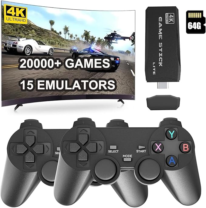 Wireless Retro Game Console Stick,4K HDMI Output & Dual 2.4G Wireless Controllers with 20000+ Games,Plug & Play Video Game Console,Ideal Gift for Gamers of All Age(64GB)(Black)