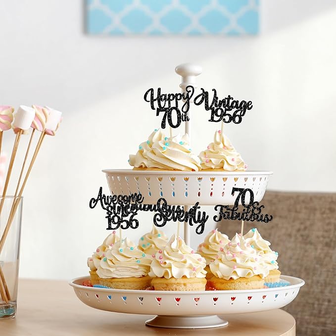 30Pcs Happy 70th Birthday Cupcake Toppers Glitter Seventy Vintage 1956 Cupcake Picks Cheers to 70 Fabulous Cake Decorations for 70th Birthday Wedding Anniversary Party Supplies Black