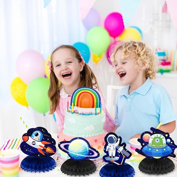 9 Pcs Outer Space Theme Honeycomb Centerpiece Outer Space Party Decorations Paper Planet Table Decor Solar System Astronaut Ufo Table Topper for First Trip Around the Sun Birthday Party Supplies