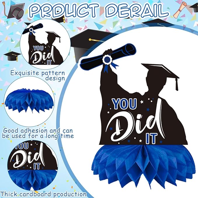 10 PCS Graduation Party Decorations Class of 2026,Blue and Black Congrats Grad Honeycomb Centerpiece Congratulate Graduation Table Topper Decor for Graduation Party Favor Supplies