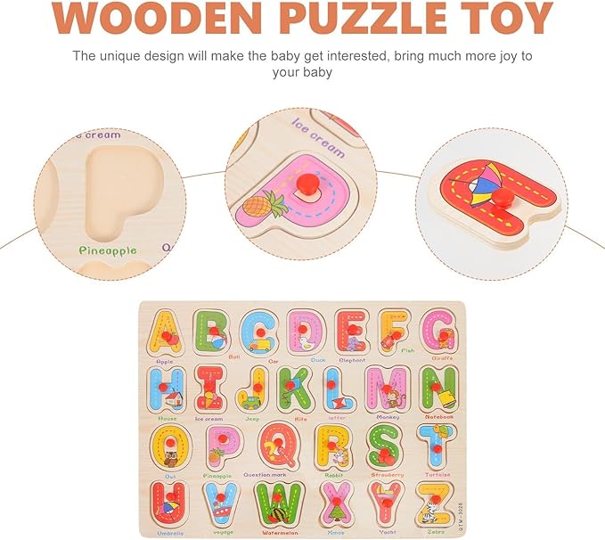 Alphabet Puzzle Wooden Puzzles for Toddlers 3+ Year Old, ABC Puzzle Shape Alphabet Learning Puzzles Toys with Puzzle Board & Letter Blocks, Preschool Education Puzzle for Girls and Boys, Large