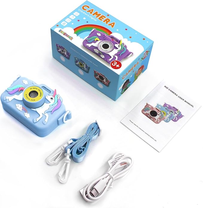 Unicorn Camera for Kids - Toddler Digital Selfie Camera with Silicone Cover, Flash and 32GB SD Card - Children Toy HD Video Kids Camera for Girls and Boys 3-12 Years Old - Blue
