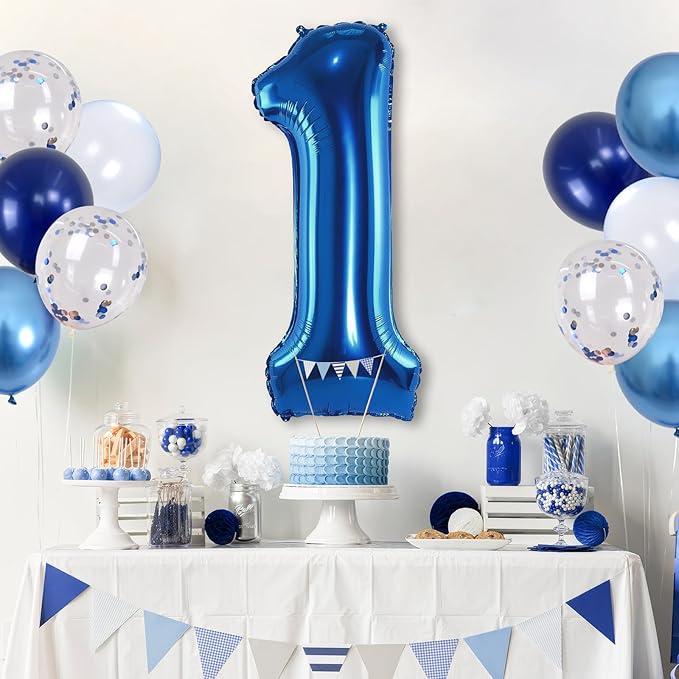 Dark Blue Number 1 Balloon 40 Inch, Large Balloon 1 with Metallic Light Navy Blue Silver Confetti Balloon, Self Inflating Helium Foil One Balloons for Boys 1st Birthday Party Baby Shower Decorations